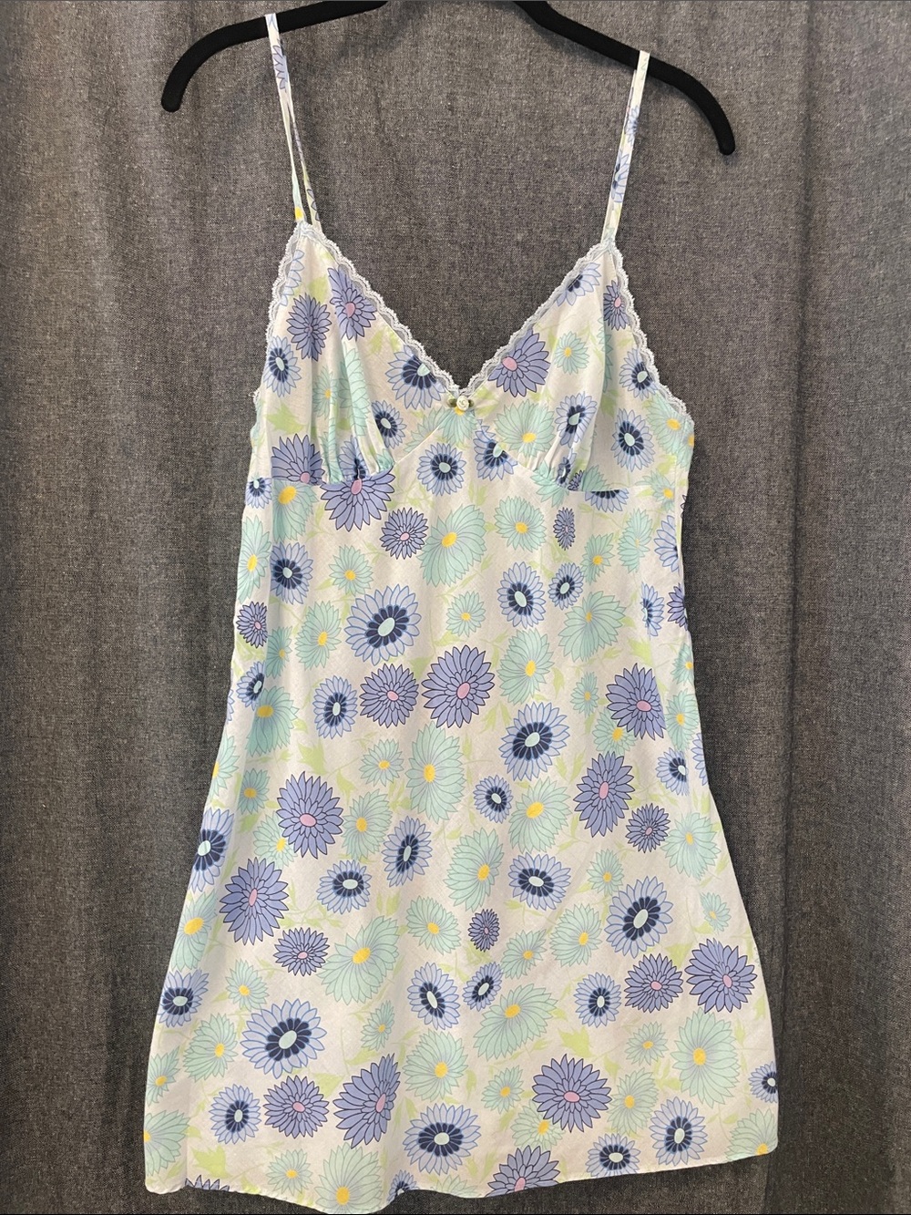Victoria's Secret y2k babydoll nightie blue and green floral print lace trim M